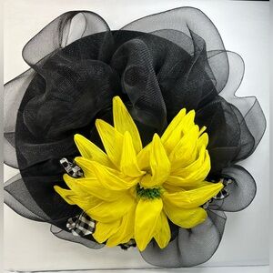 Derby Hat Wide Brim Black White Gingham Yellow Flower Custom Made